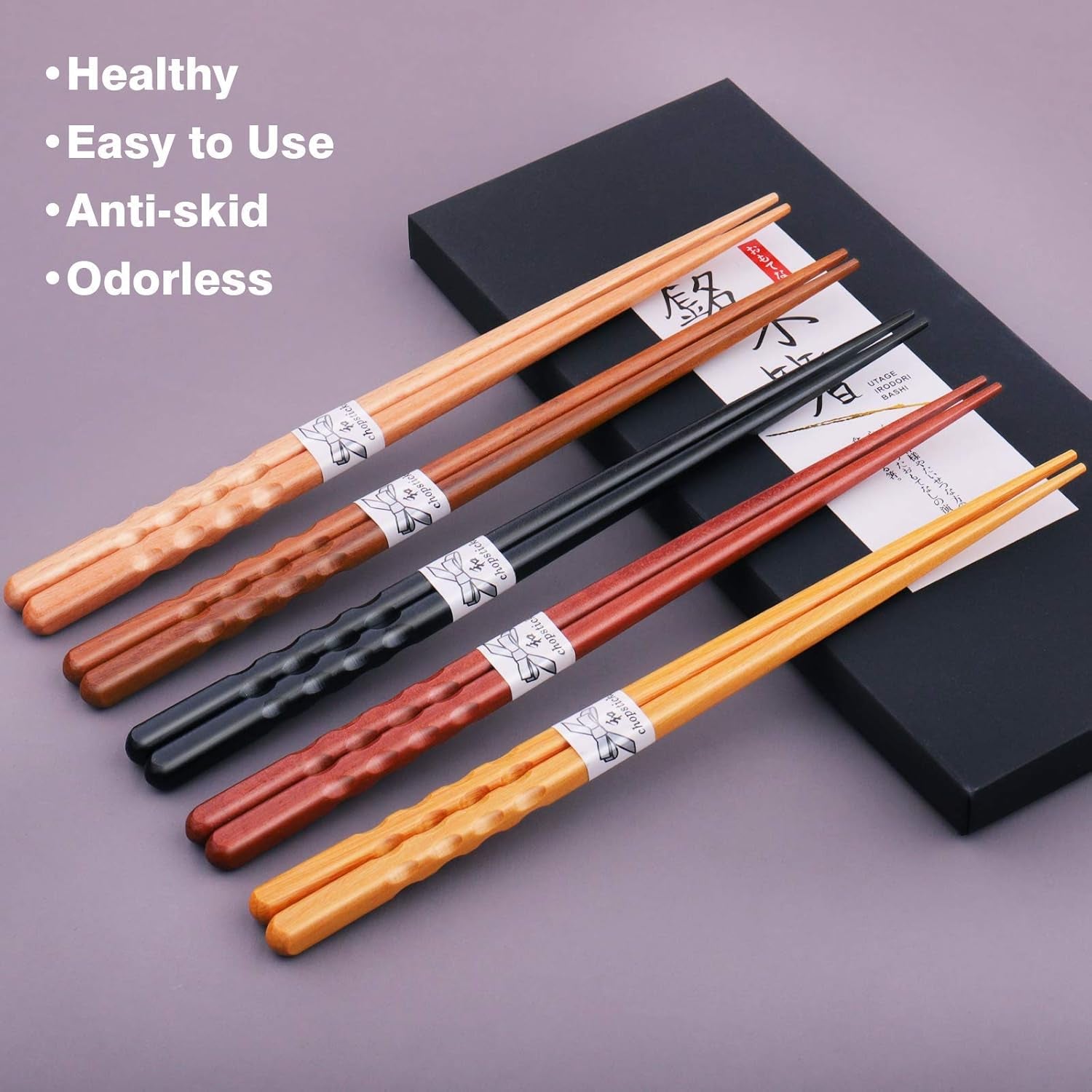 Reusable Chopsticks Japanese Natural Wooden Classic Style 5 Pairs Lightweight Hand-Carved Safe Chop Sticks 8.8 Inch/22.5Cm Gift Set