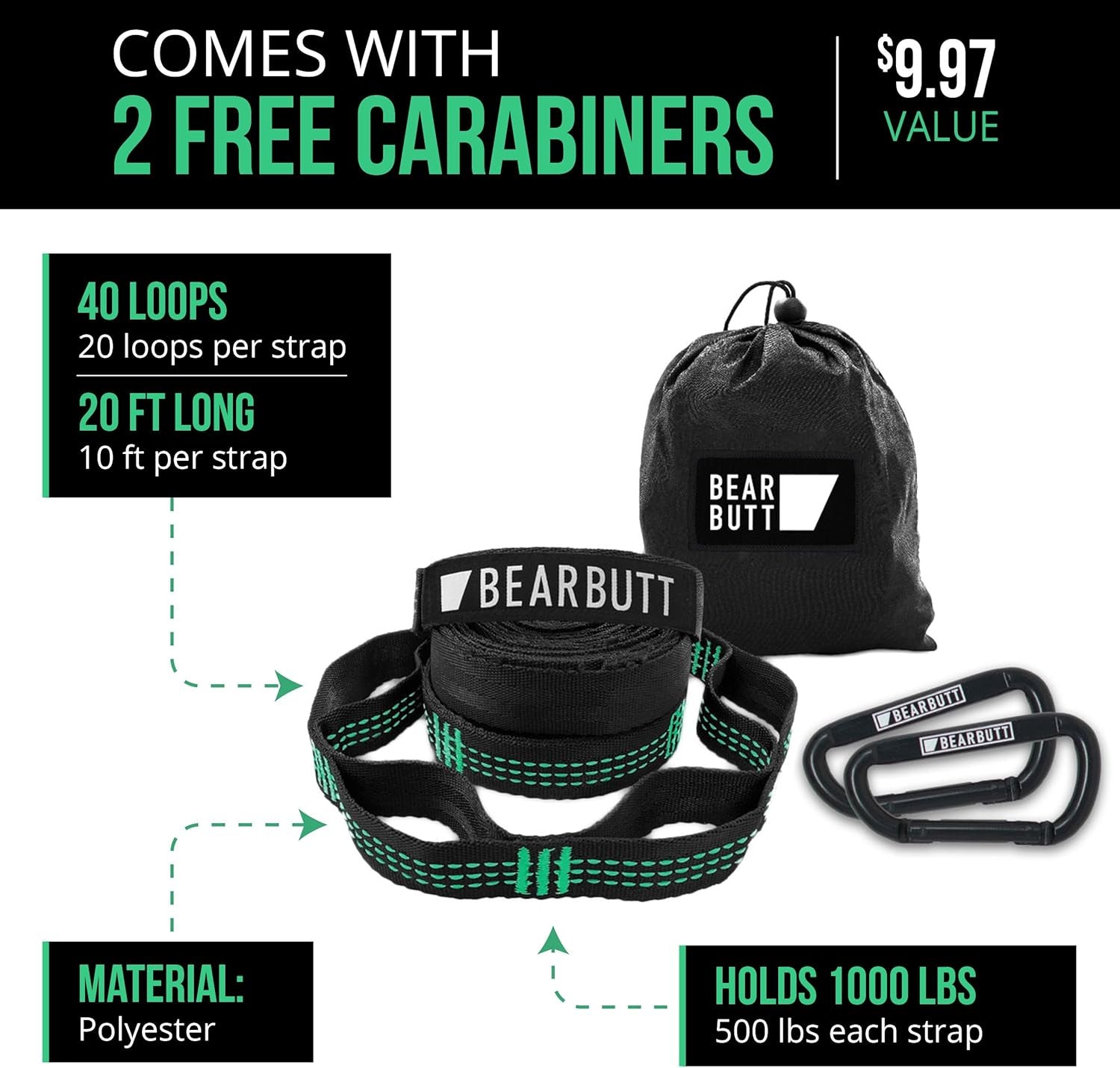 Kodiak Hammock Straps - 40 Combined Loops - 20 Feet Long - Holds 1000 Pounds from Our Extra Reinforced Triple Stitching - Get Our Hammock Tree Straps - Start up Company