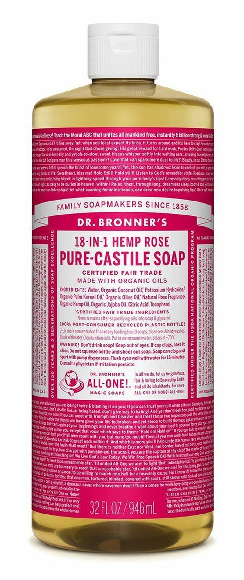 NEW Dr. Bronner'S Hemp Pure-Castile Soap Liquid 946Ml 18-In-1 All Scent Bronners