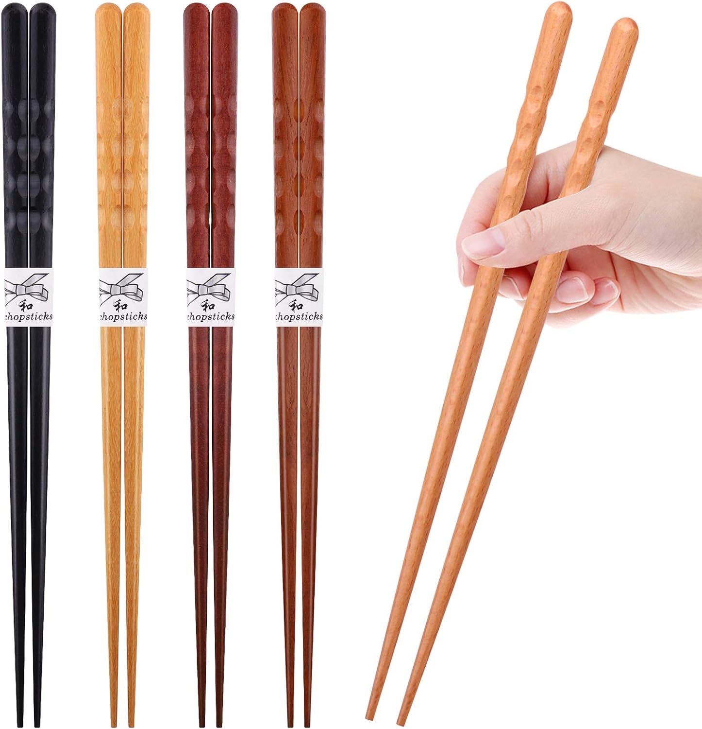 Reusable Chopsticks Japanese Natural Wooden Classic Style 5 Pairs Lightweight Hand-Carved Safe Chop Sticks 8.8 Inch/22.5Cm Gift Set