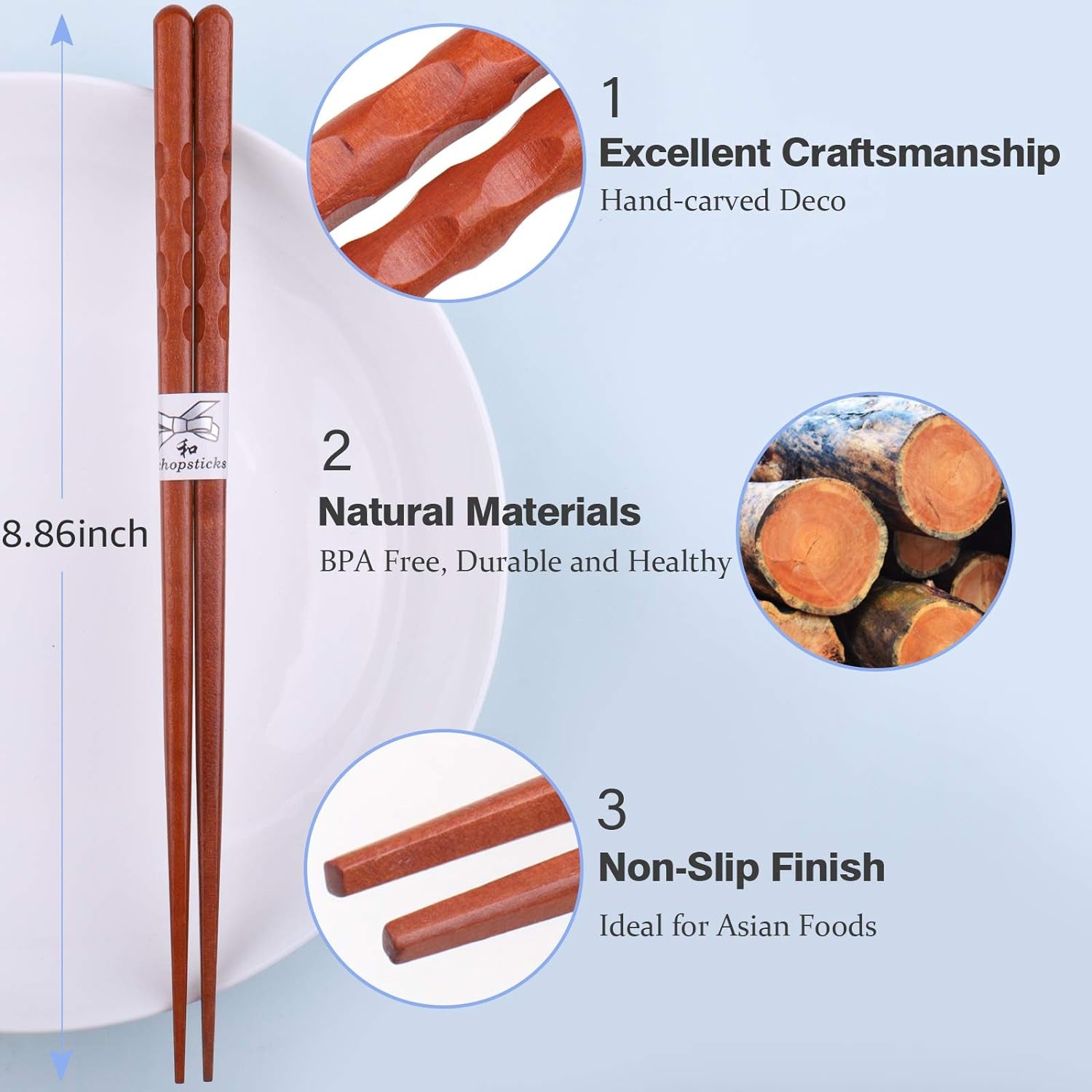 Reusable Chopsticks Japanese Natural Wooden Classic Style 5 Pairs Lightweight Hand-Carved Safe Chop Sticks 8.8 Inch/22.5Cm Gift Set