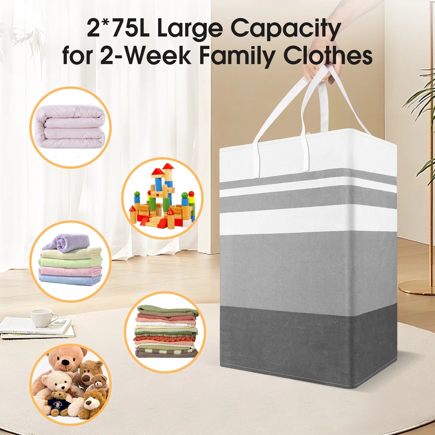 2Pack 75L Large Freestanding Laundry Hamper, Collapsible Laundry Basket Hamper with Handles Waterproof Clothes Hamper Organizer for Easy Storage