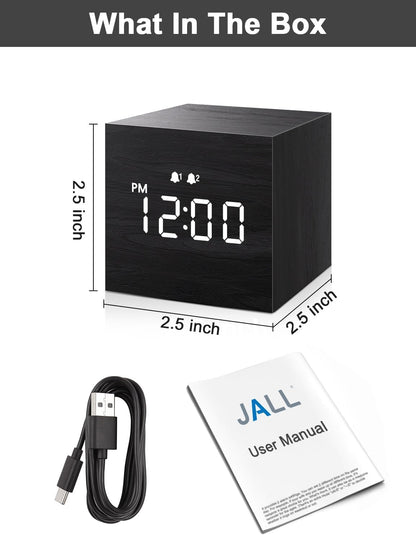 Digital Alarm Clock, with Wooden Electronic LED Time Display, 3 Dual plus Alarm, 2.5-Inch Cubic Small Mini Wood Made Electric Clocks for Bedroom, Bedside, Desk, Black