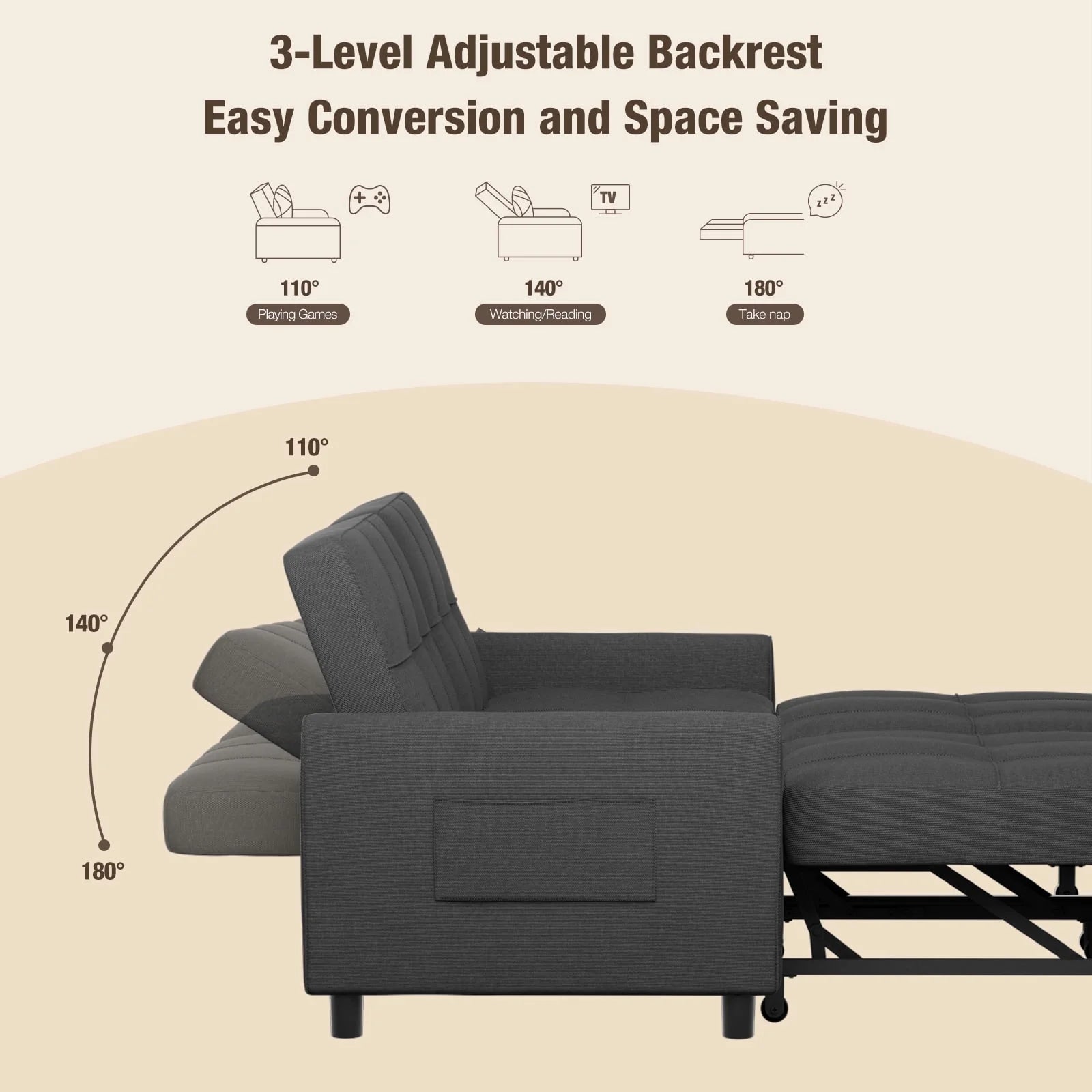 Sofa Bed, Convertible Sleeper Sofa Couch for Home Furniture and Small Space, Gray