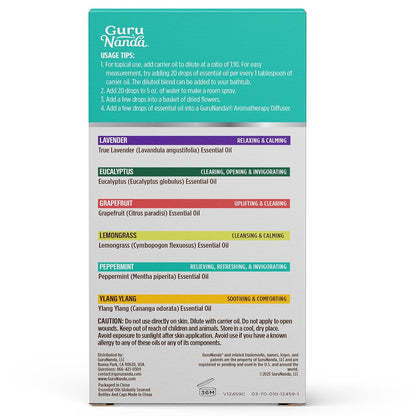 Guru Nanda (Set of 6) Therapeutic Grade Essential Oils - 100% Pure & Natural Aromatherapy Single Notes for Oil Diffusers & Topical Use - Lavender, Peppermint, Eucalyptus, Orange, Lemongrass, Cedarwood