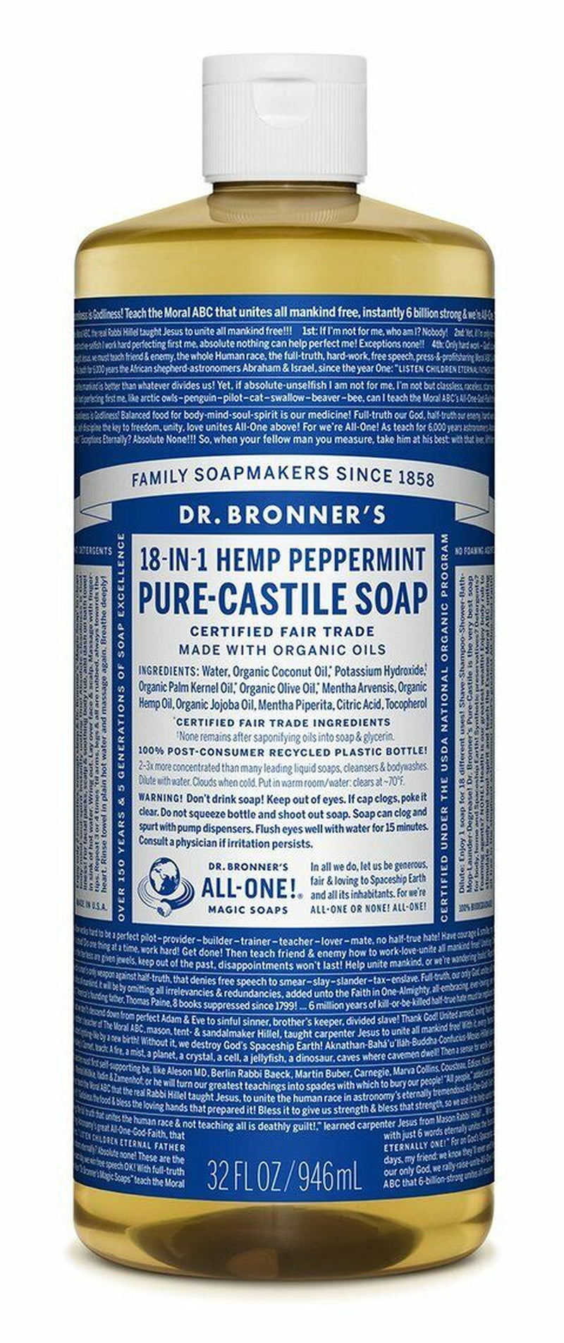 NEW Dr. Bronner'S Hemp Pure-Castile Soap Liquid 946Ml 18-In-1 All Scent Bronners