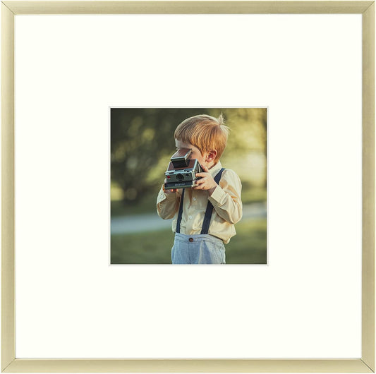 , 8X8 Inch Instagram Square Aluminum Gold Metal Picture Frame Collection, Photo Frame with Ivory Color Mat for 4X4 Picture & Real Glass