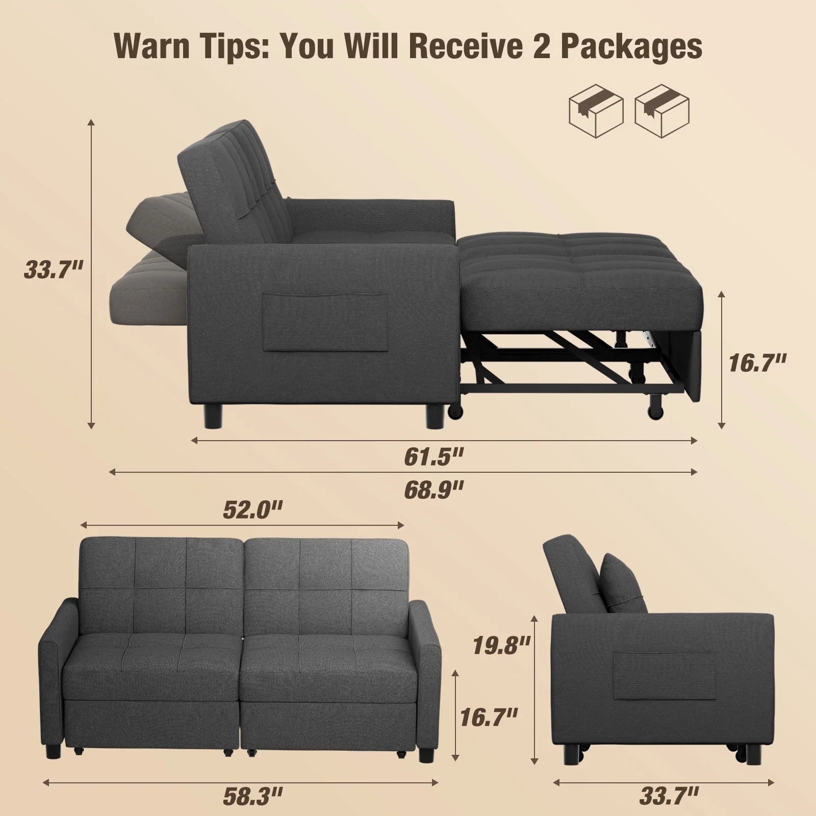 Sofa Bed, Convertible Sleeper Sofa Couch for Home Furniture and Small Space, Gray